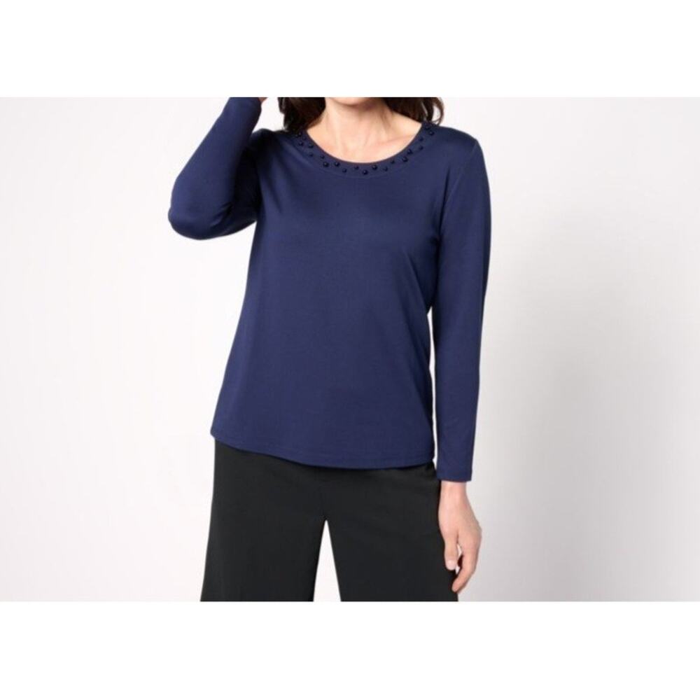 BEAUTIFUL Lawrence Zarian Navy Small Silky Ponte Top Faux Pearls A630470 NWOT